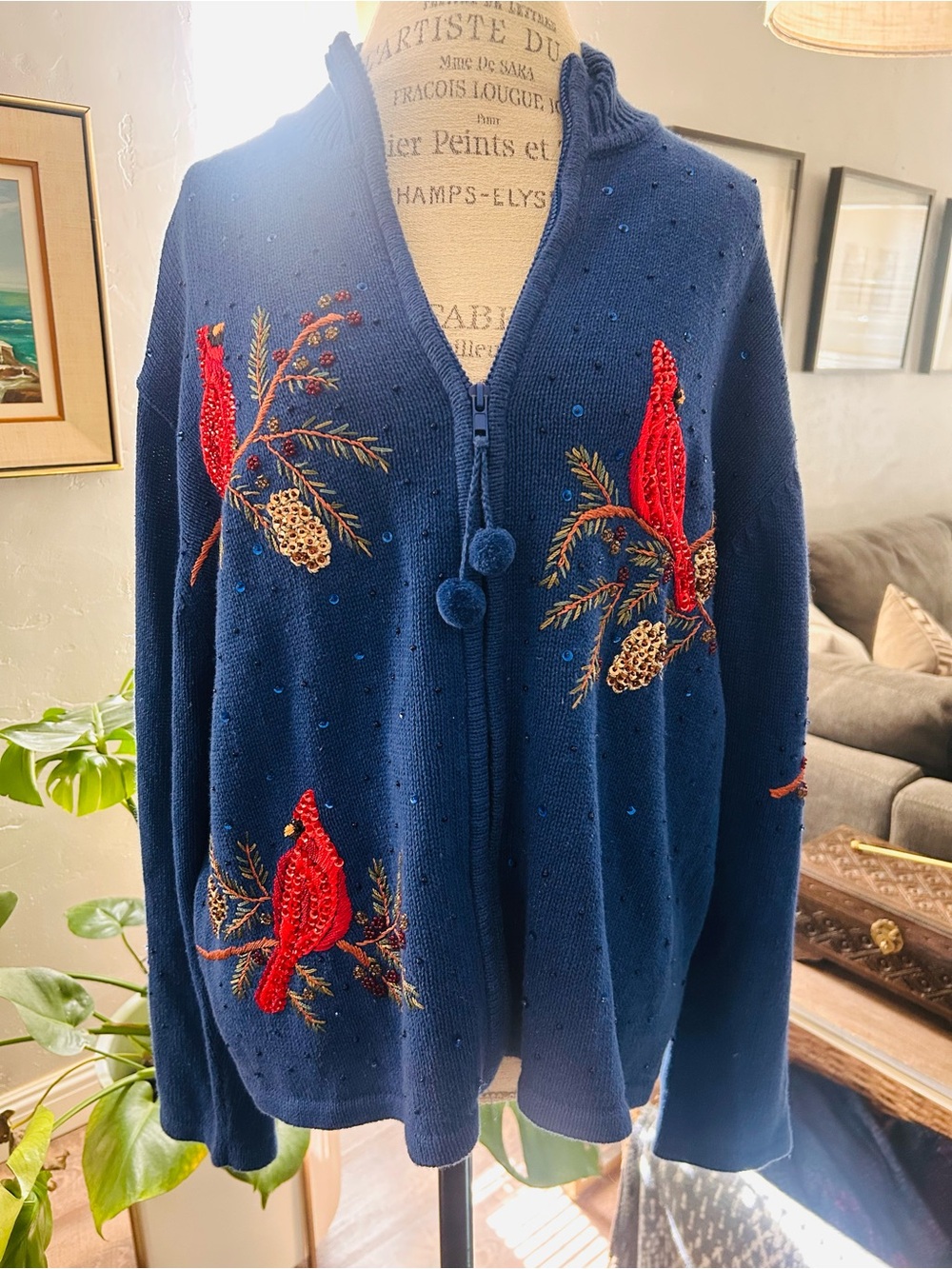 Tiara International embroidered cardinal holiday cardigan sweater